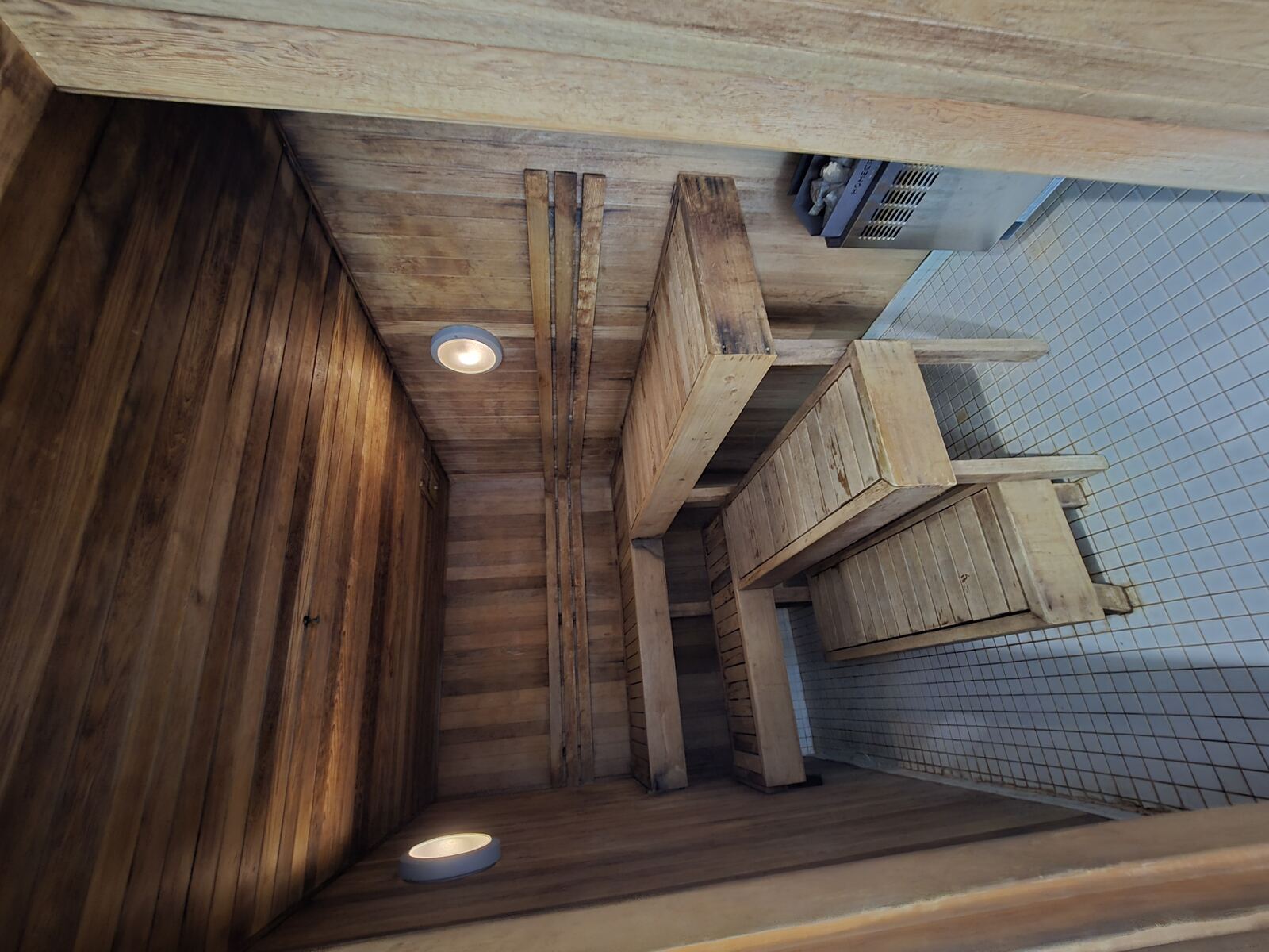 Dry sauna interior with wood benches