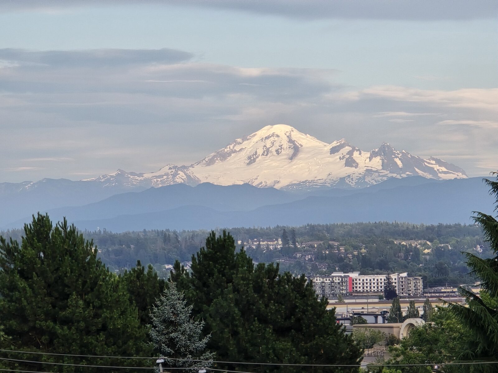 Close-up view of Mount Baker at sunset from the private balcony