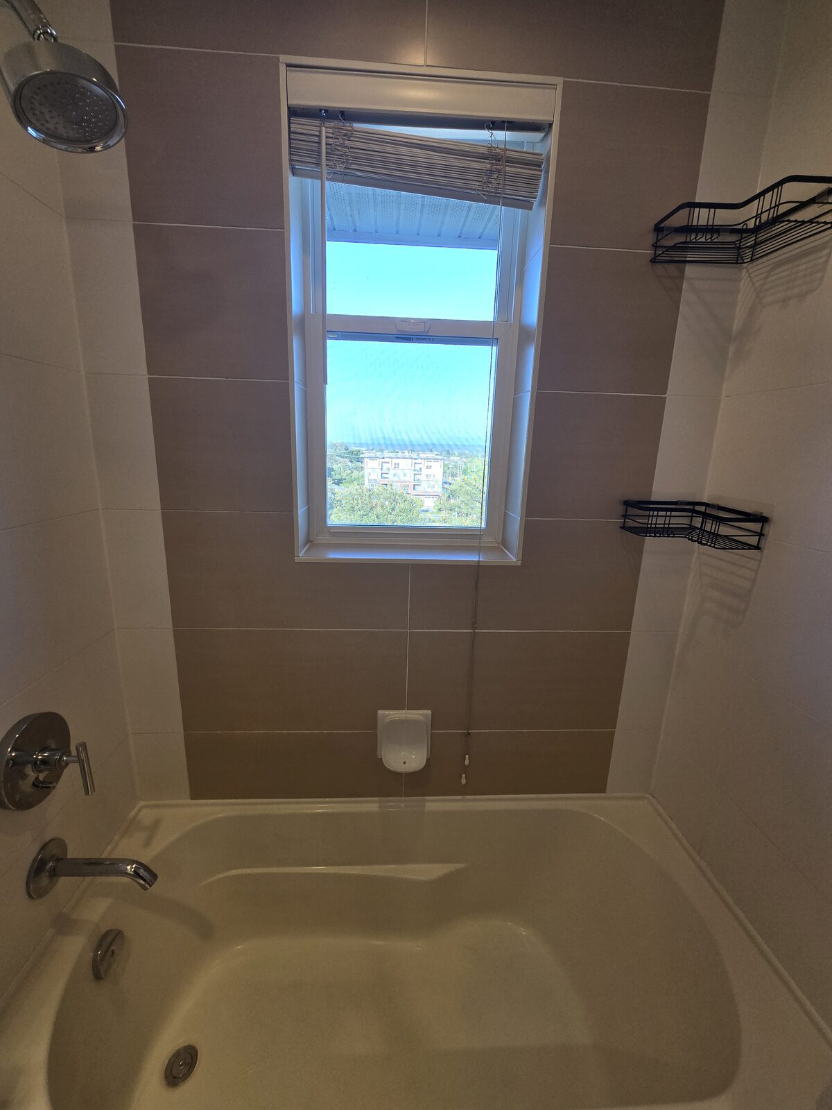 Soaker tub and shower head with Mount Baker and skyline view through the window