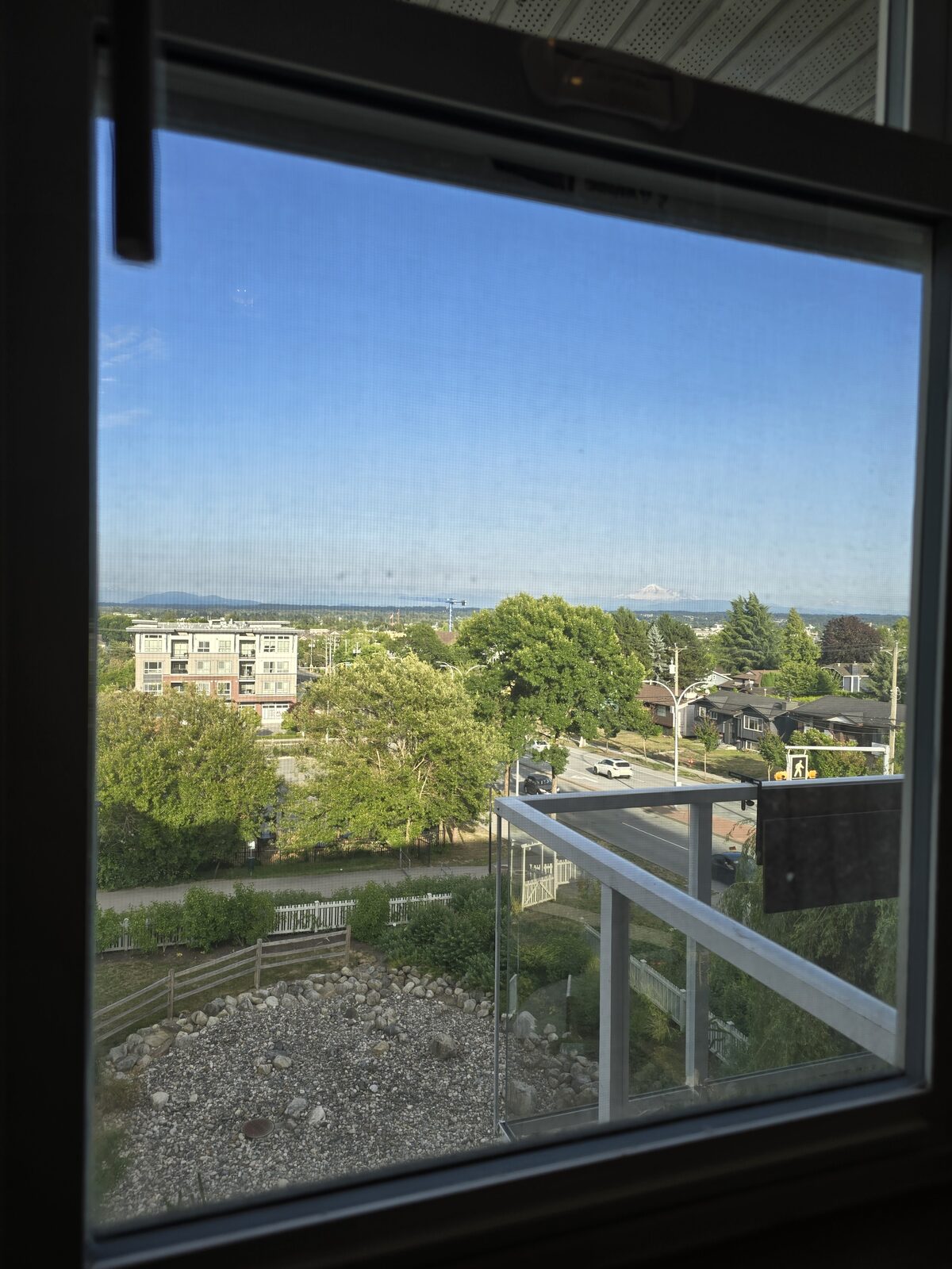 Close-up view of Mount Baker and skyline from the bathroom window